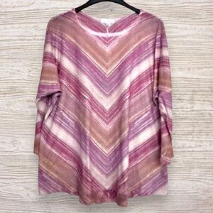 LA THREADS Pink Tan Chevron Stripe Dolman Sleeve Knit Lightweight Tunic Top 1X